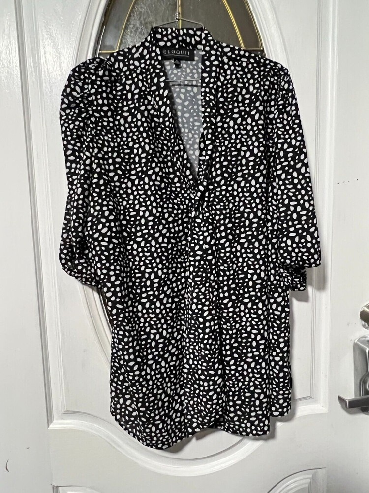 Eloquii front‎ button tie neck  blouse black white spots size 18